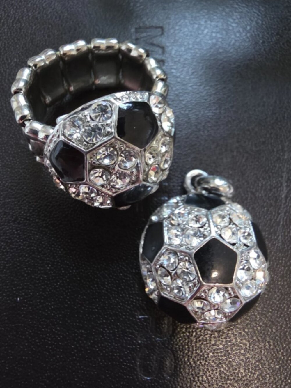 Rhinestone Soccer Ball Ring & Pendant Set - Black/Silver Crystal